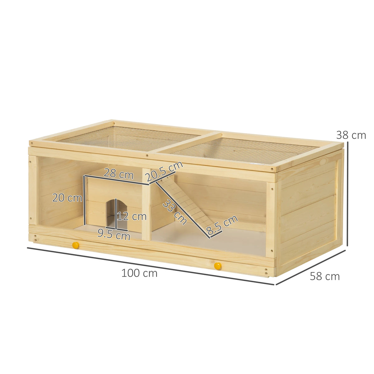 Wooden Hamster Cage, Small Animal Cage with Sliding Tray, Openable Top, Hut, Exercise Play House for Syrian Hamsters