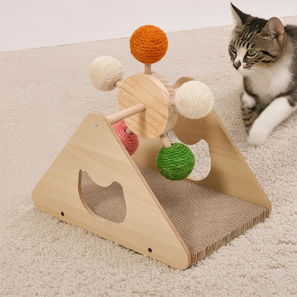 Wooden Ferris Wheel Cat Scratching Post with Rotating Sisal Balls and Scratcher Base Interactive Cat Toy