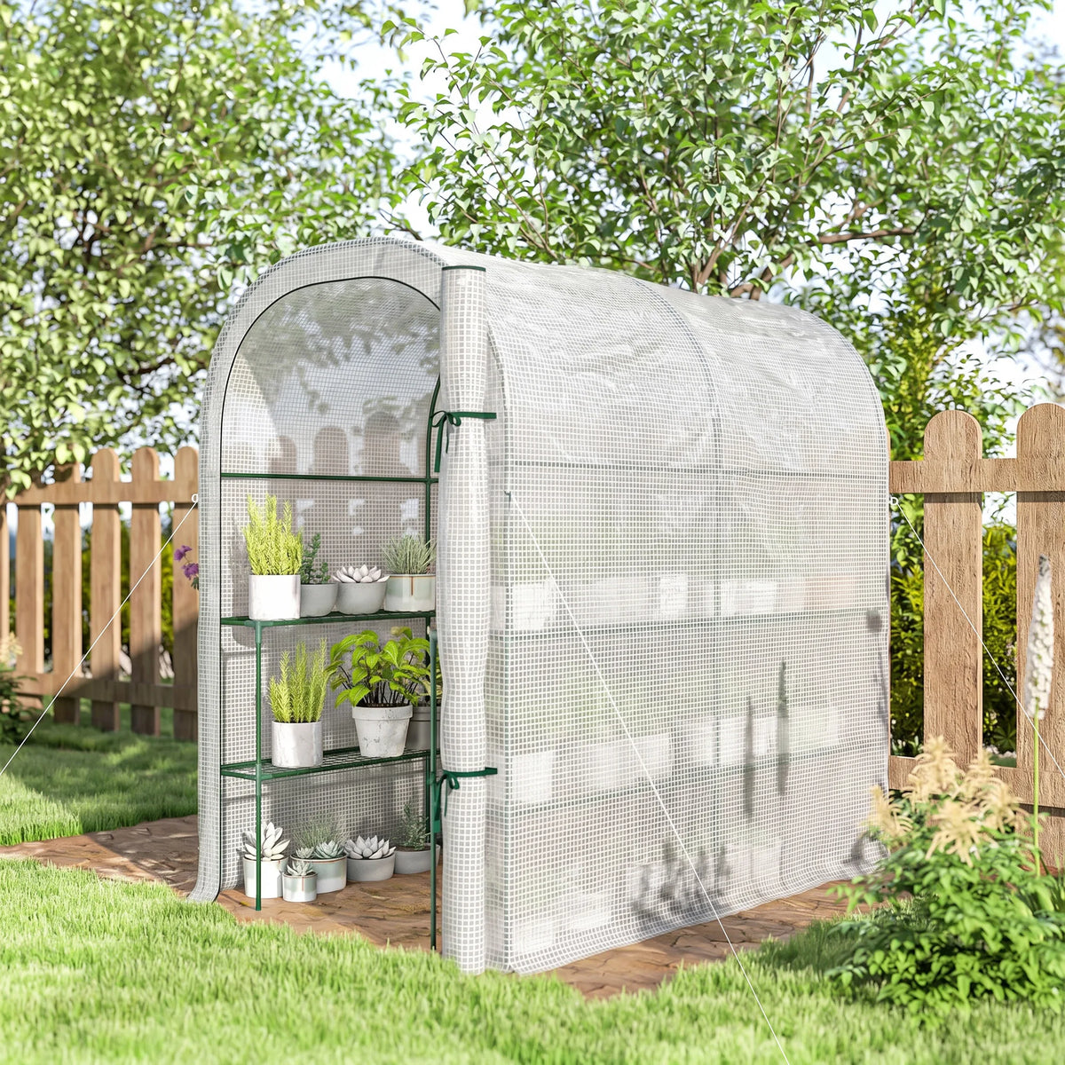 Small Walk-In Greenhouse with Shelves, Roll-Up Door and PE Cover, White