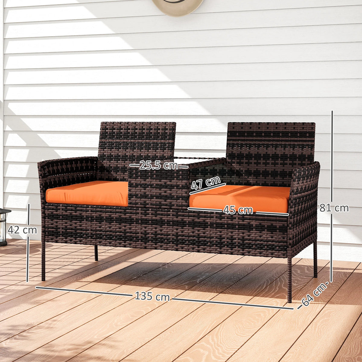 Rattan Garden Loveseat with Glass-Top Middle Table and Cushions, Brown and Orange