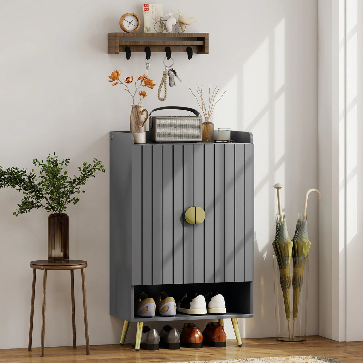 Hallway Shoe Cabinet with Adjustable Shelves and Steel Legs, Grey
