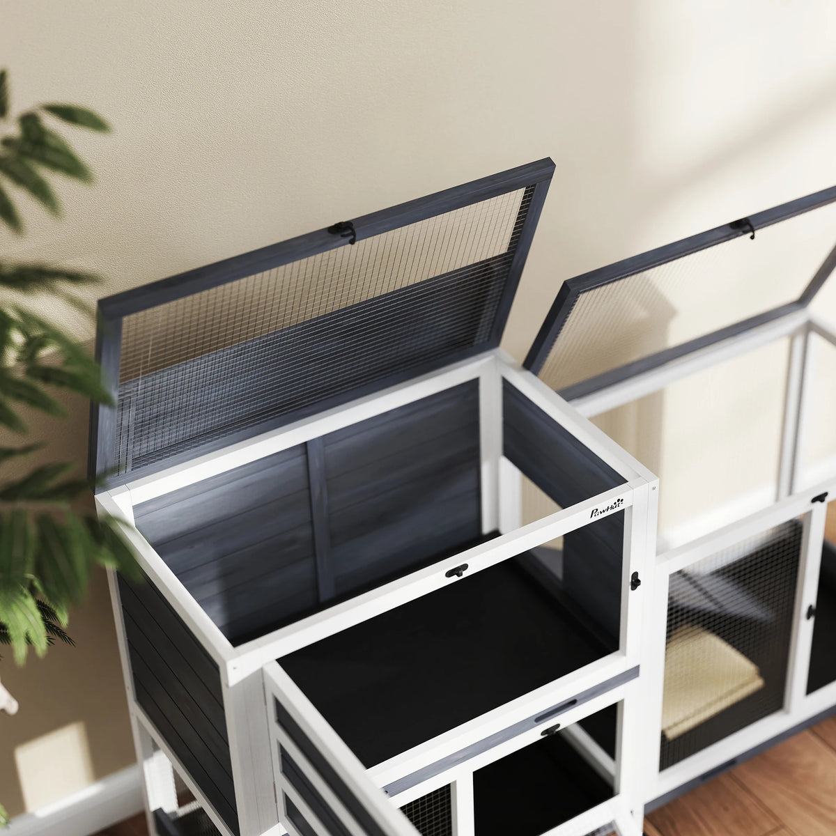 2 Tier Rabbit Hutch with Run, Wheels, 2 Openable Top, 3 Plastic Trays