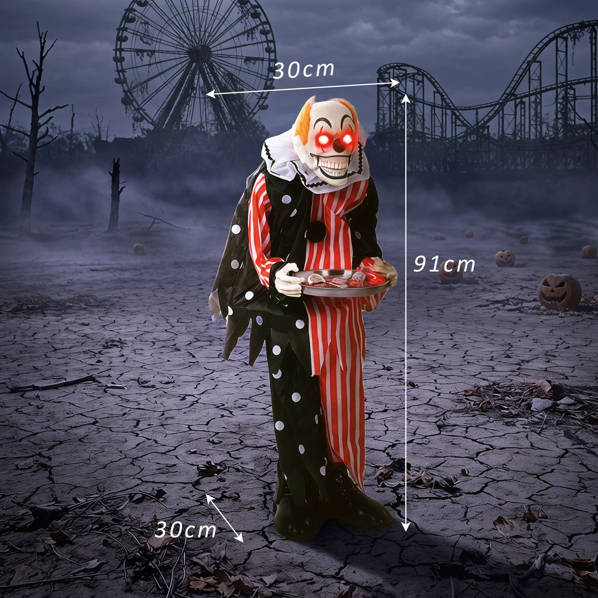 Red light up eyes on an animated Halloween clown