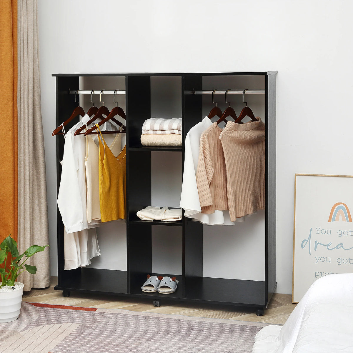 Mobile Open Wardrobe with Two Hanging Rails, Three Shelves and Wheels