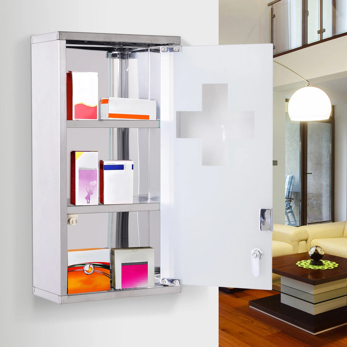 Lockable Medicine Cabinet 48x25x12cm Wall Mounted First Aid Box with Security Glass Door 2 Keys Silver