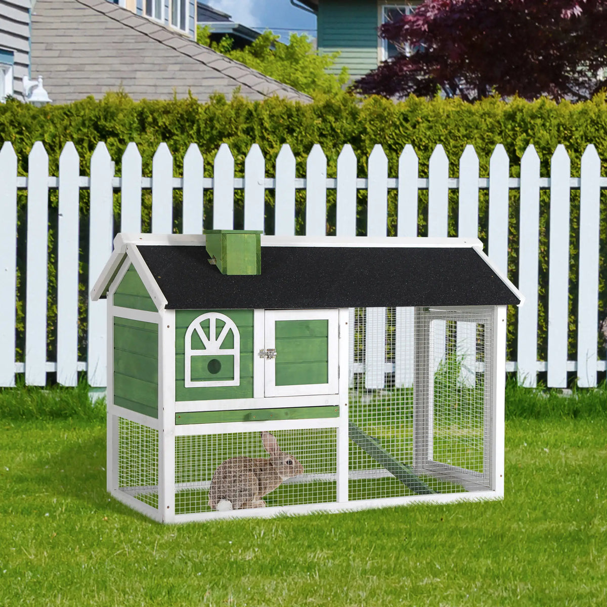 Rabbit Hutch 120x60x79cm Fir Wood Bunny Cage with Run Ramp Asphalt Roof and Pull Out Tray Green