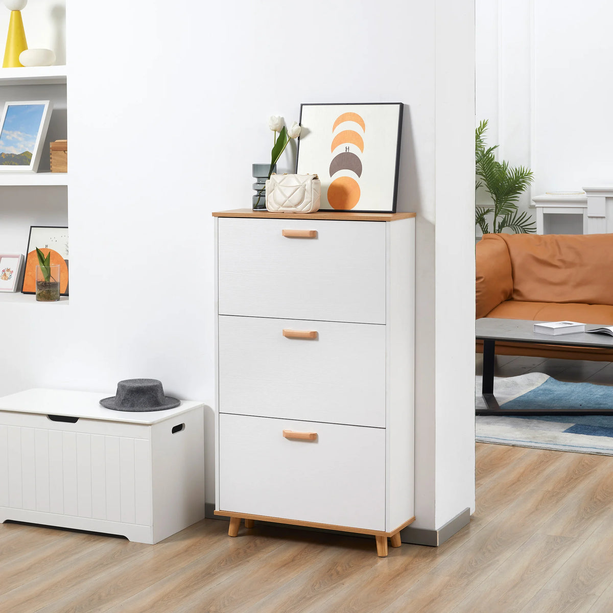Slim Shoe Cabinet with 3 Flip-Down Drawers and Adjustable Shelves, White