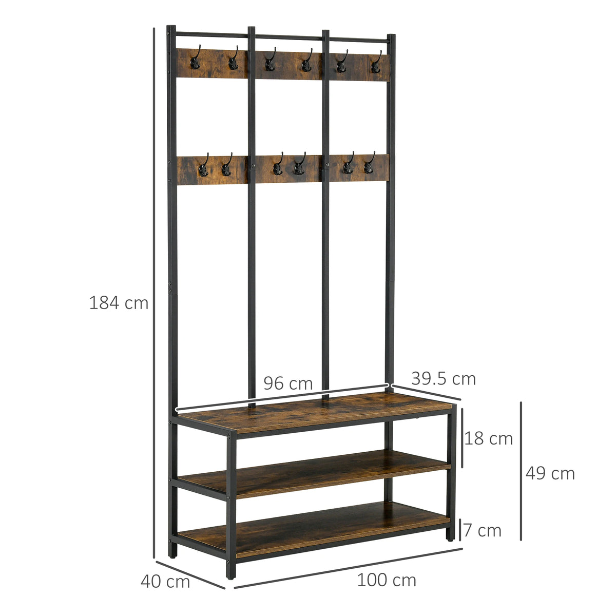 3 in 1 Hall Tree Coat Rack with 12 Hooks and 3 Tier Shoe Bench Industrial Metal Frame Anti Toppling