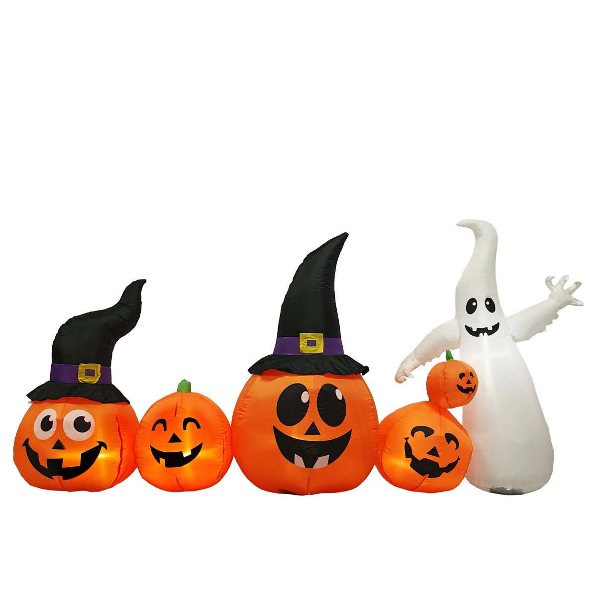 8ft Halloween Inflatable Pumpkins and Ghost with Witch Hats, LED Light-Up Garden Decoration