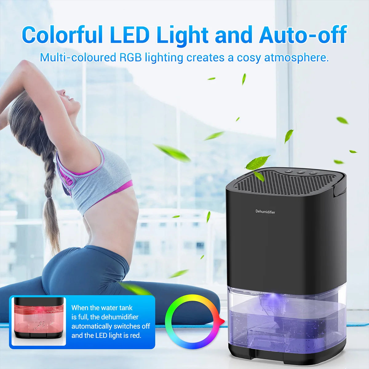 1L Portable Dehumidifier, Quiet Peltier Moisture Absorber with 7-Colour Night Light