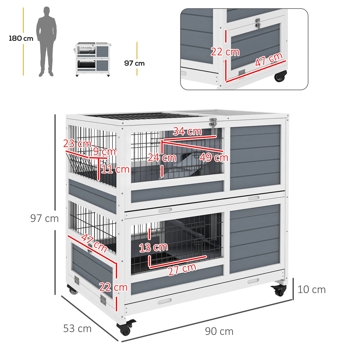Double Decker Indoor Rabbit Hutch with Feeding Troughs 2 Slide Out Trays Ramps and Wheels White