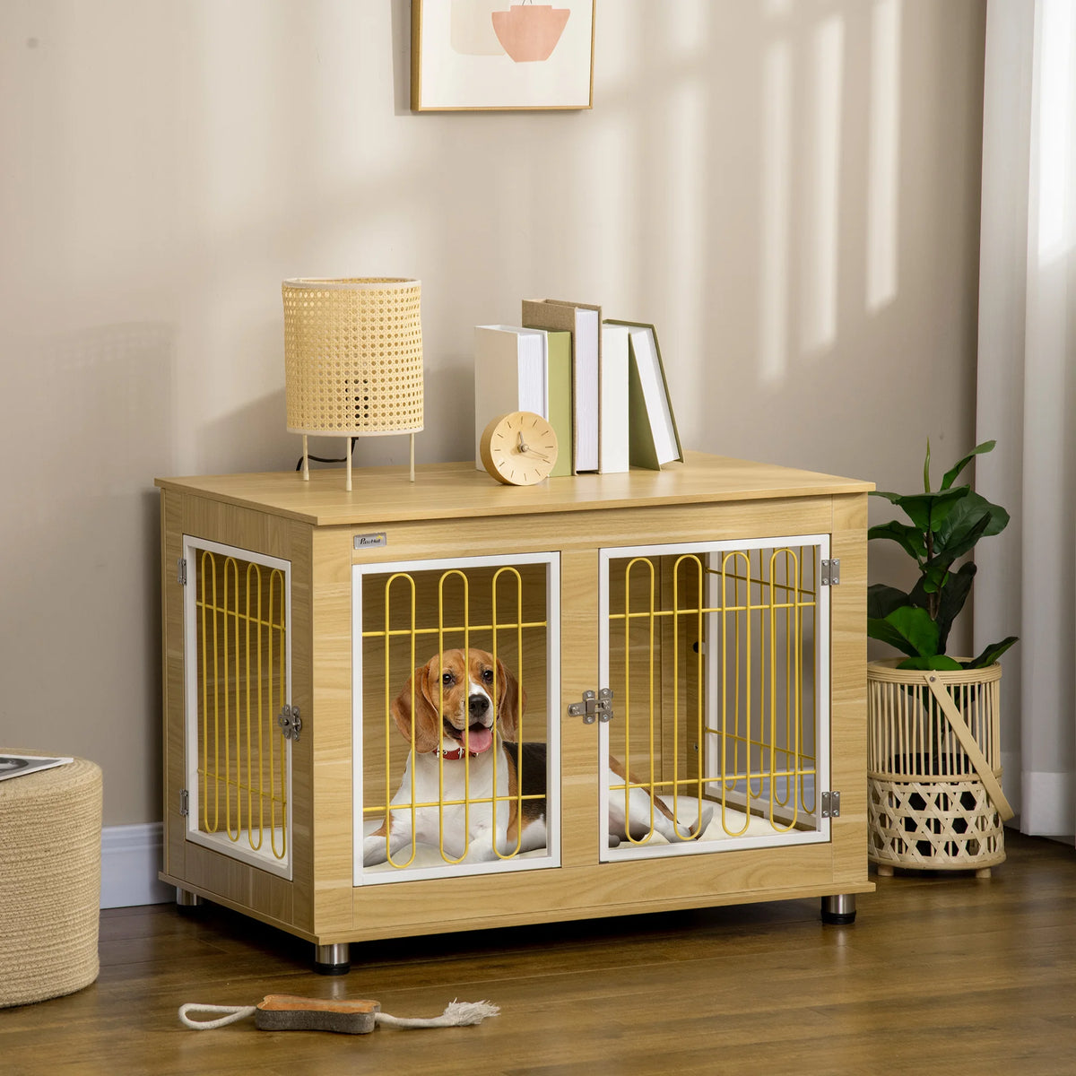 Dog Crate Furniture, Dog Crate End Table w/ Soft Cushion, Double Door