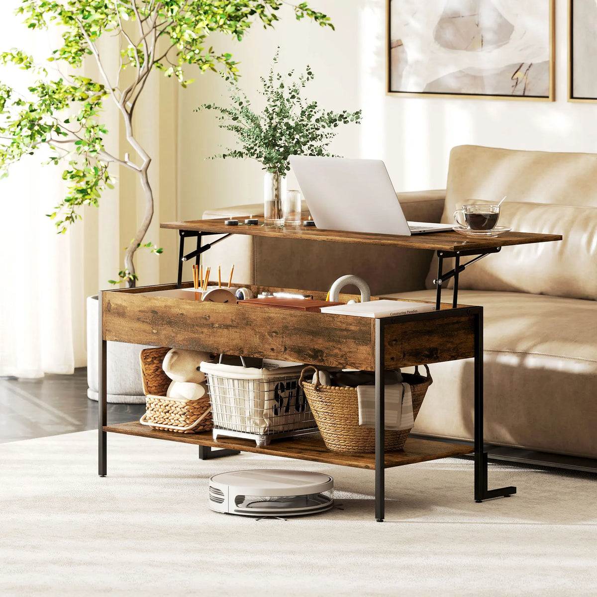 Industrial Lift Top Coffee Table with Storage Shelf, Rustic Brown