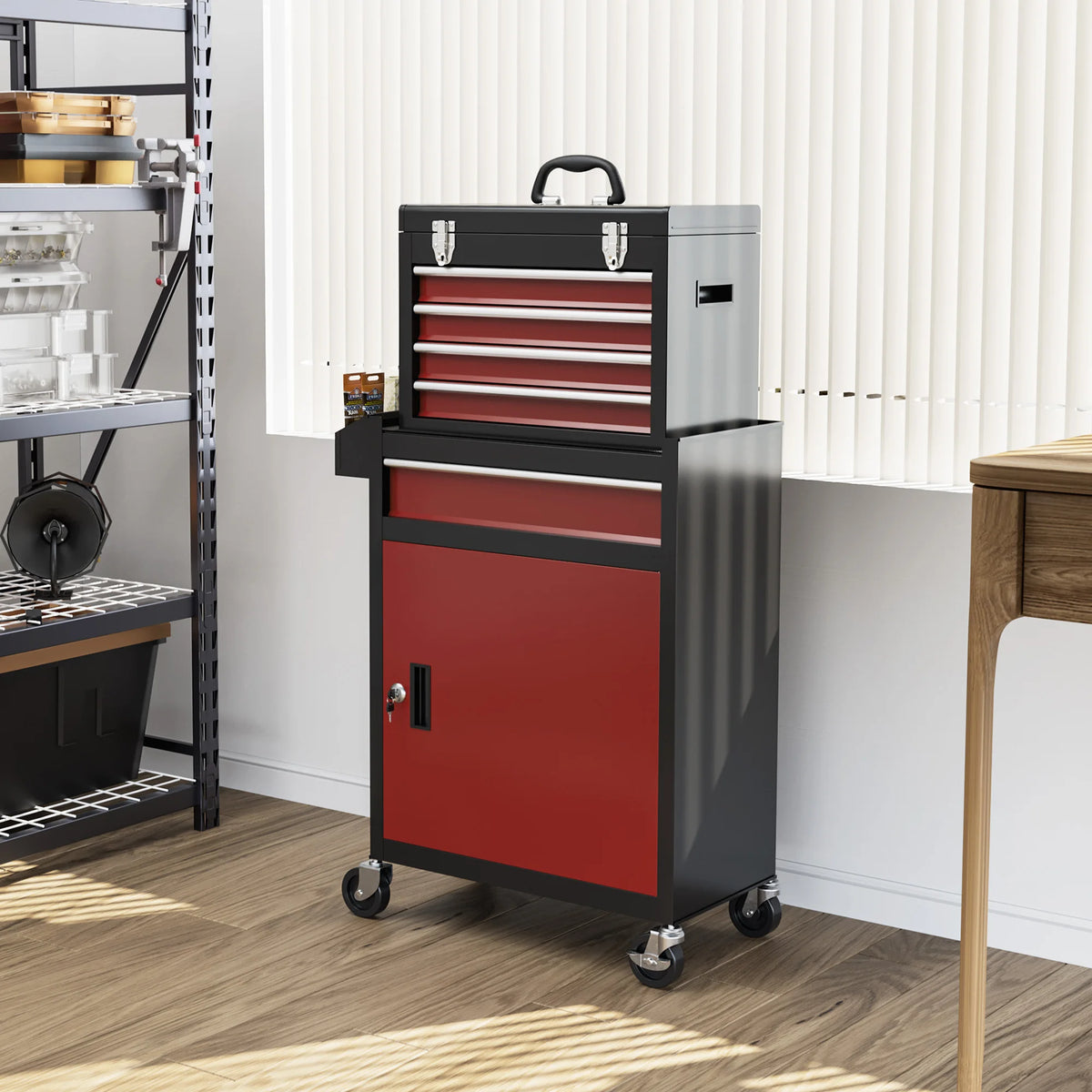 Rolling Tool Cabinet with Top Chest, 5 Drawers and Lockable Cupboard, Red and Black