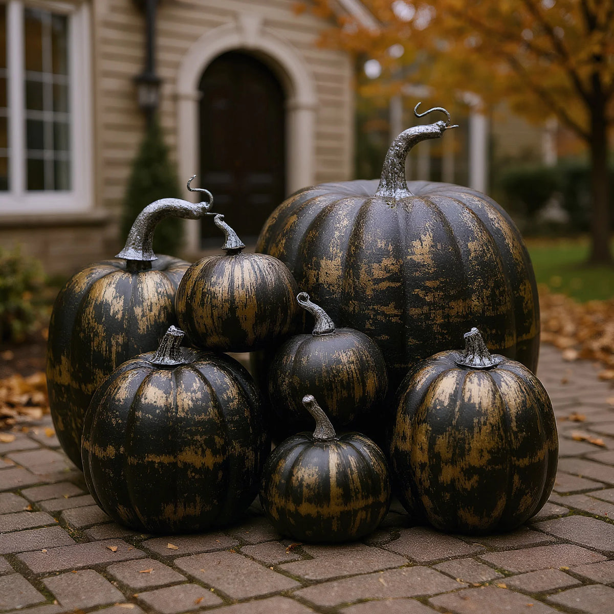Artificial Pumpkins Set of 7, Black Halloween and Autumn Table Decorations