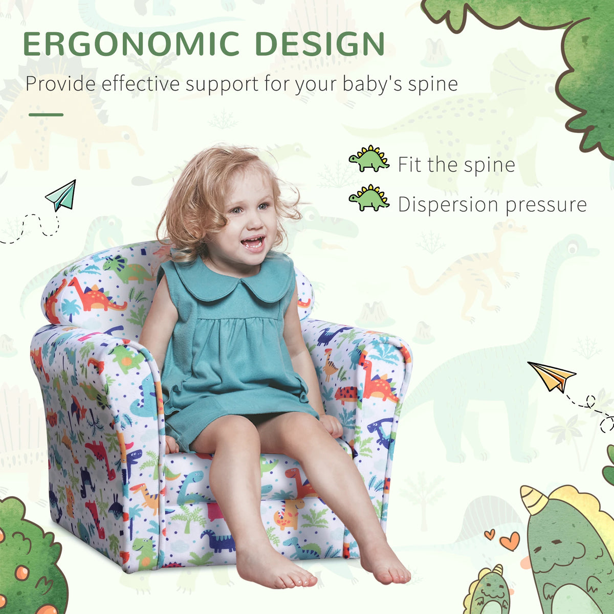 Kids Tub Chair with Dinosaur Print Flannel Feel Upholstery Wooden Frame Thick Foam and Non Slip Feet
