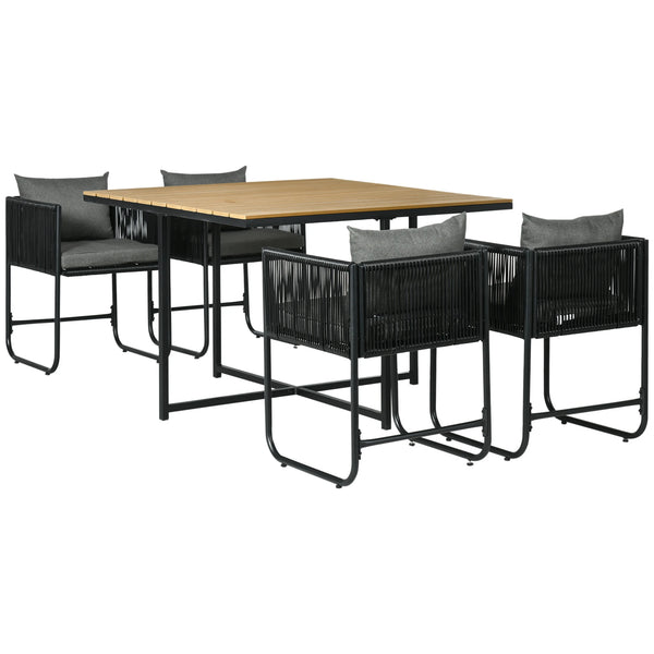 5 Piece Rattan Cube Garden Set 4 Armchairs Square Table Powder Coated Metal Wood Effect Top with Cushions