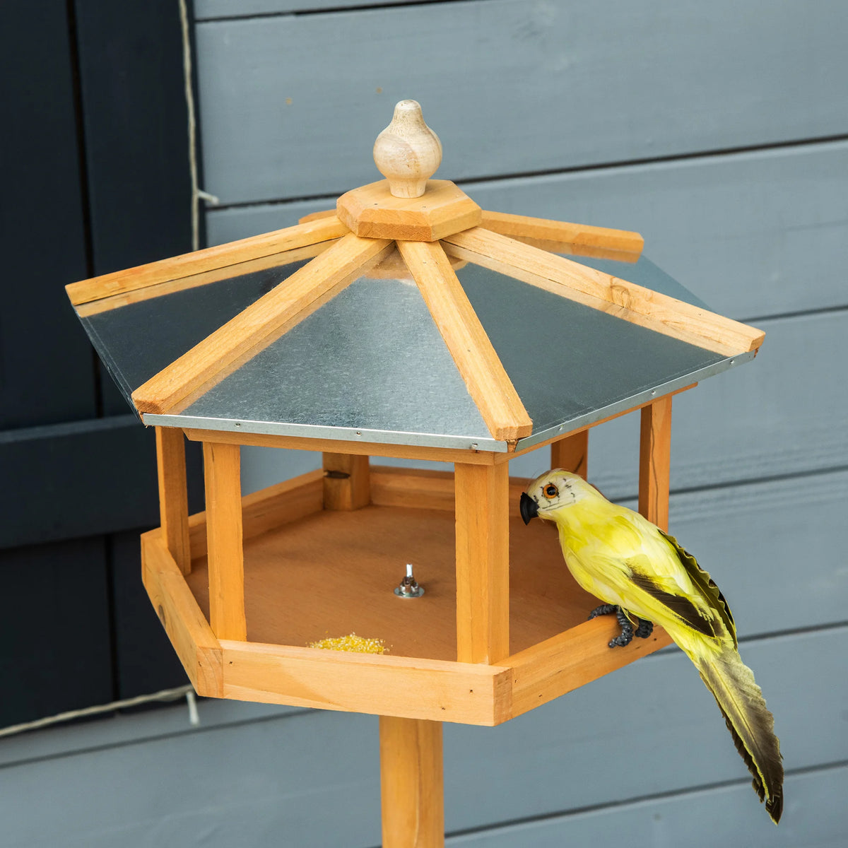 Wooden Bird Table Free Standing Feeder 40x113cm Fir Wood with Metal Roof and Tripod Base Natural