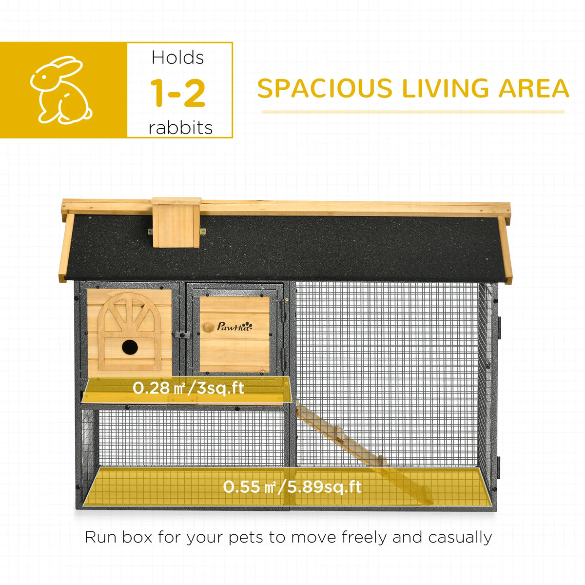4ft Rabbit Hutch 120x55.5x80cm 2 Tier Bunny Cage with Ramp Asphalt Roof and Slide Out Tray