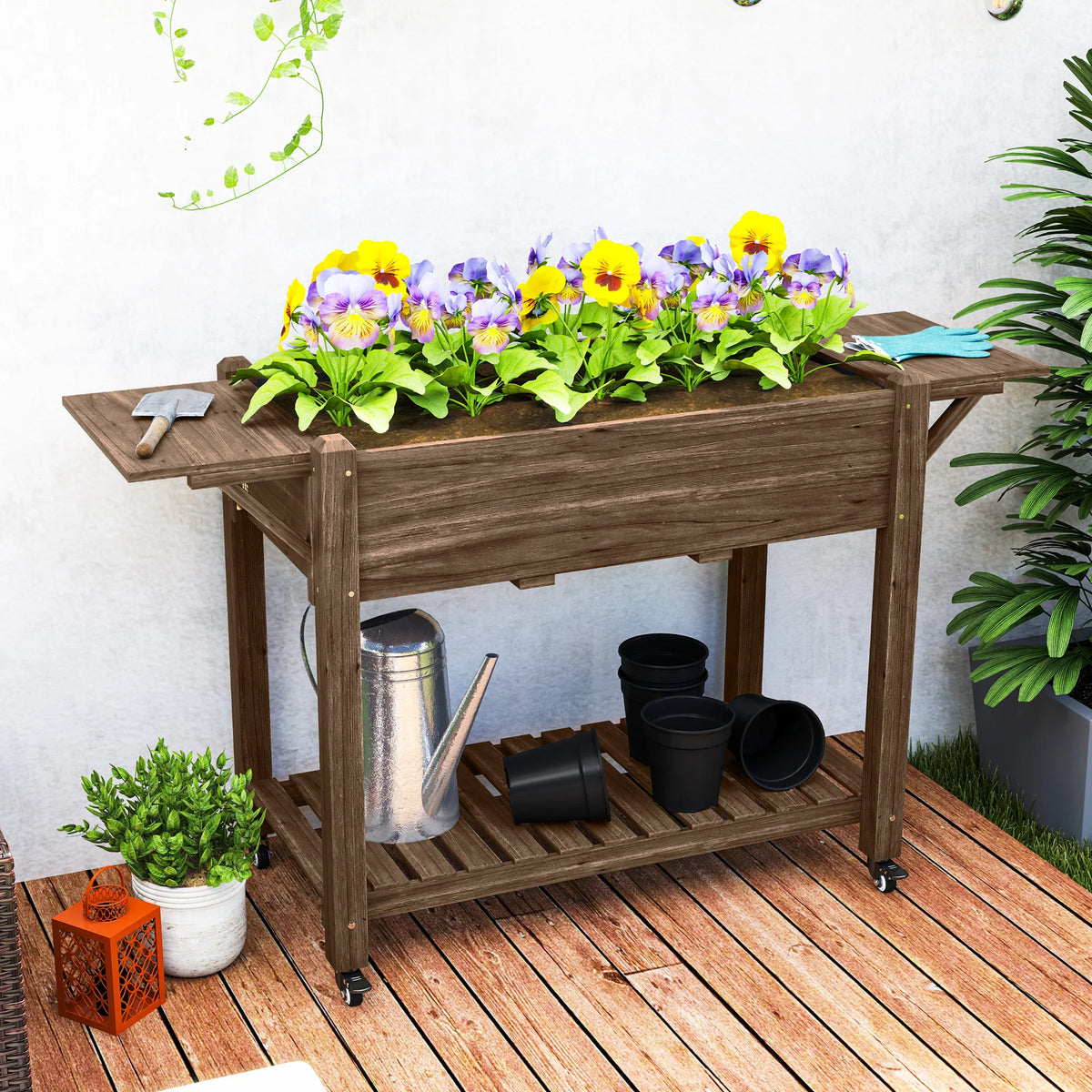 Raised Garden Bed, Wooden Elevated Planter Box with Lockable Wheels, Side Tables, Carbonised