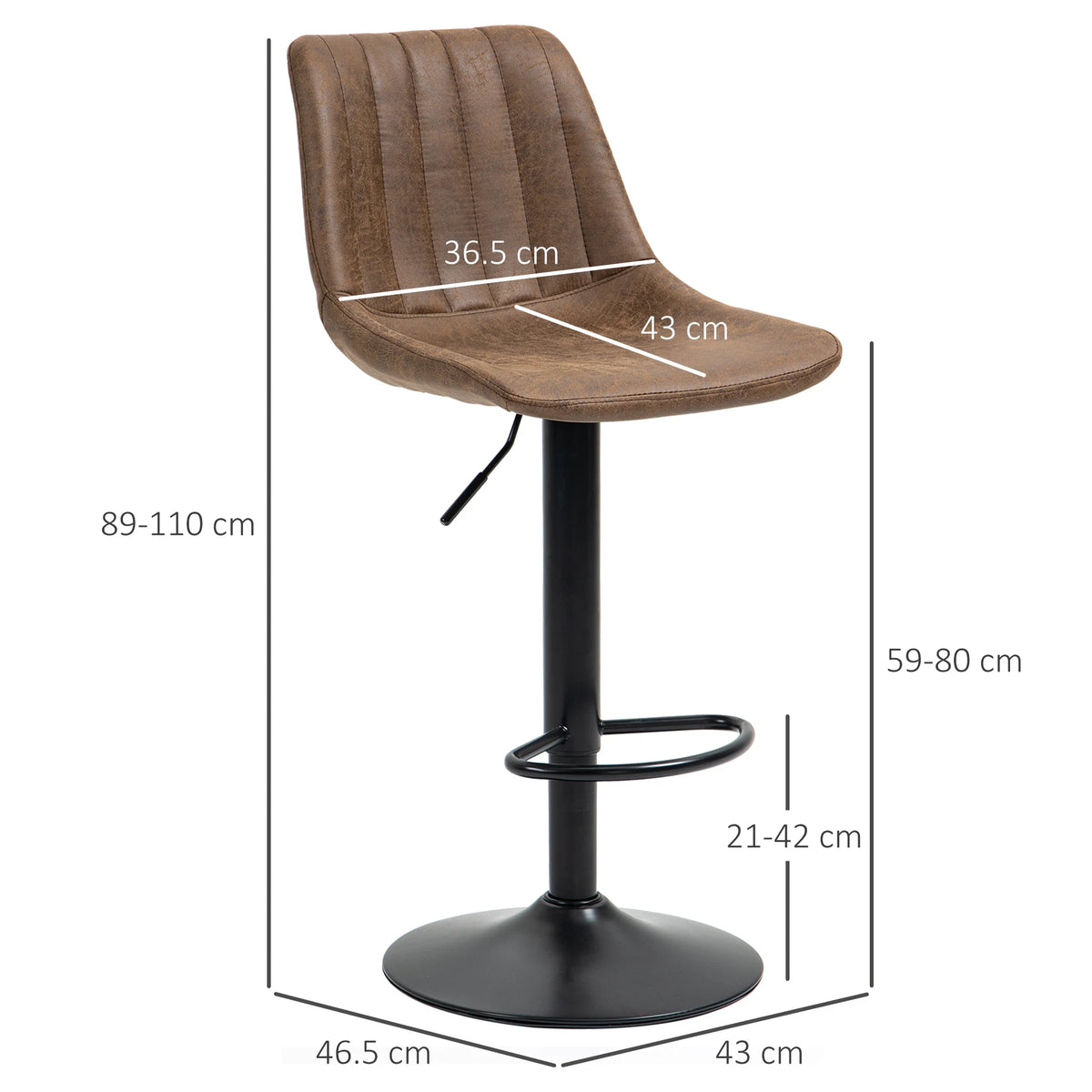 Set of 2 Microfibre Retro Tub Bar Stools with Footrest, Metal Frame, Brown