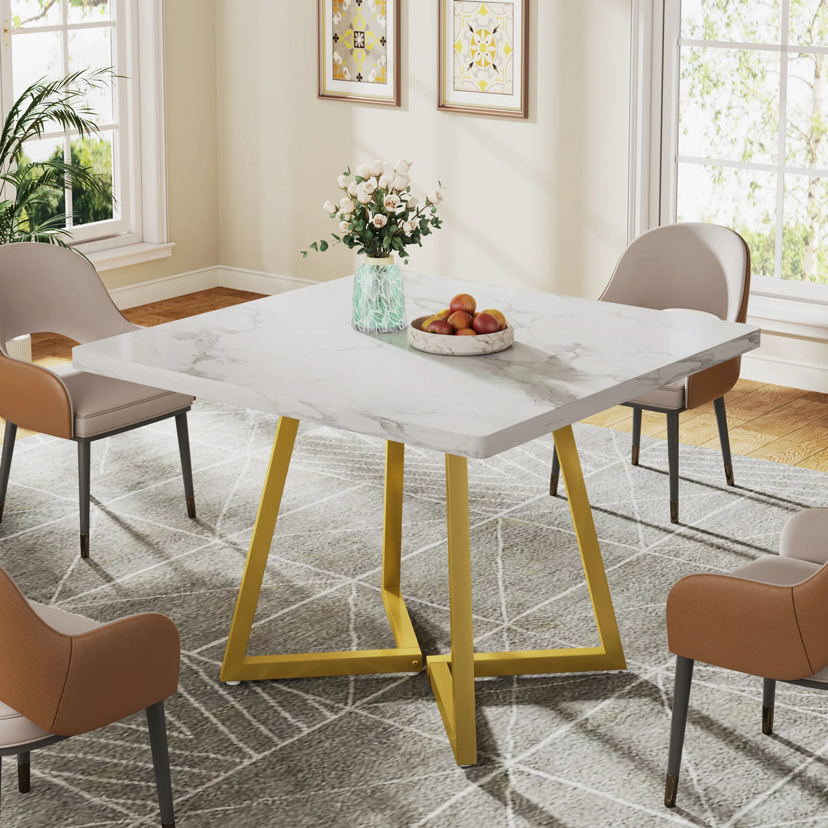 Square Dining Table for 4 Industrial Wood Kitchen Table with Metal Base
