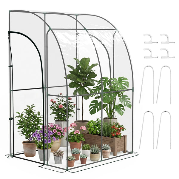 143 x 118 x 212cm Outdoor Walk-In Lean-To Wall Tunnel Greenhouse with Roll-Up Doors