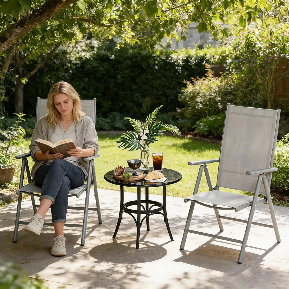 Set of 2 High Back Aluminium Folding Garden Chairs with Armrests 8 Position Adjustable for Patio Camping Balcony
