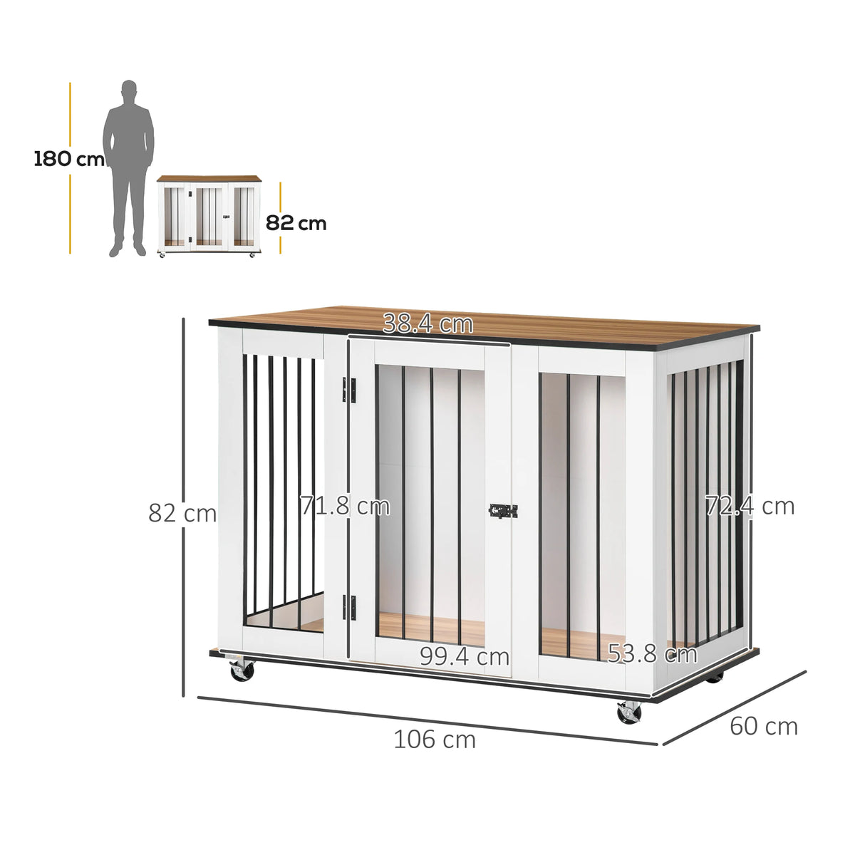 White Dog Crate End Table with Lockable Door and Wheels