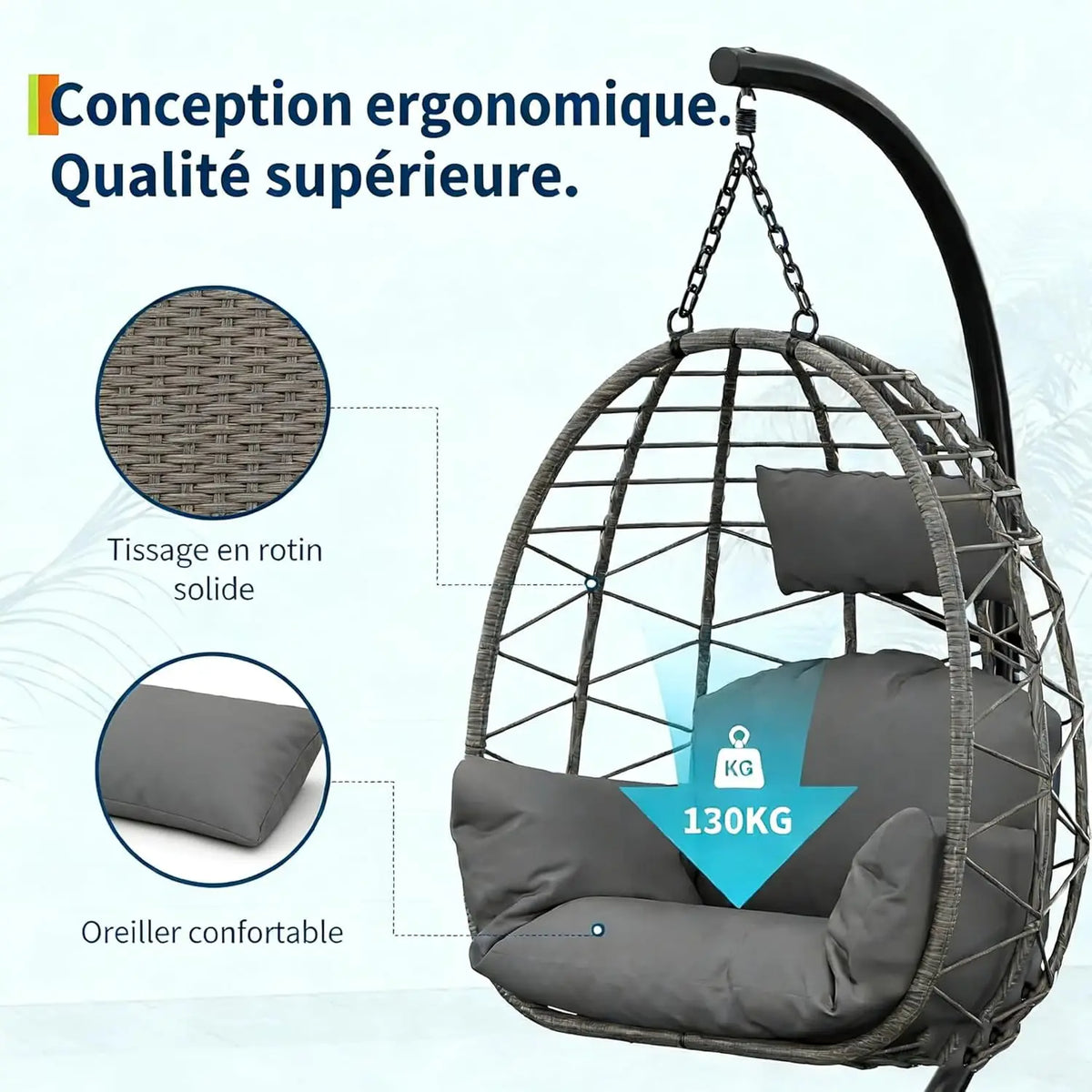 Garden Rattan Hanging Egg Chair with Stand Cushions 150kg Foldable All-Weather Cover for Patio Outdoor