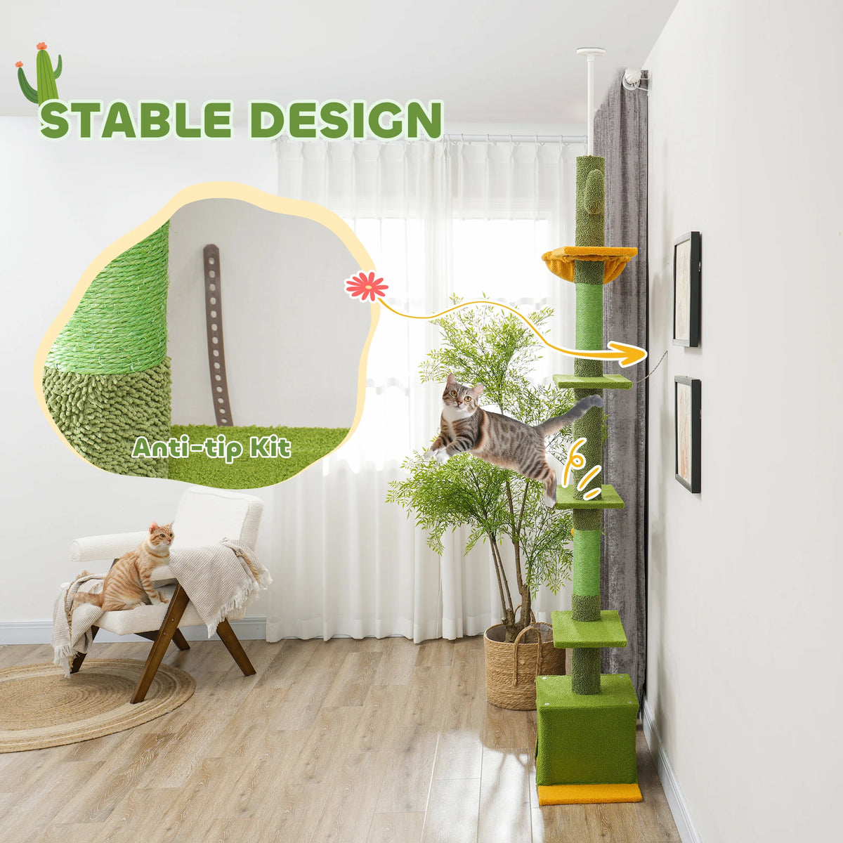 Floor to Ceiling Cat Tree, 230-275cm Adjustable, 6 Levels with Scratching Posts