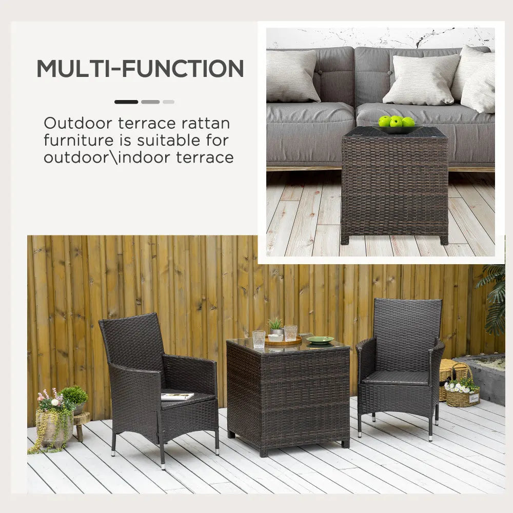 Rattan Garden Side Table 64x64x68cm Tempered Glass Top 70kg Capacity Weather Resistant for Patio Balcony Brown