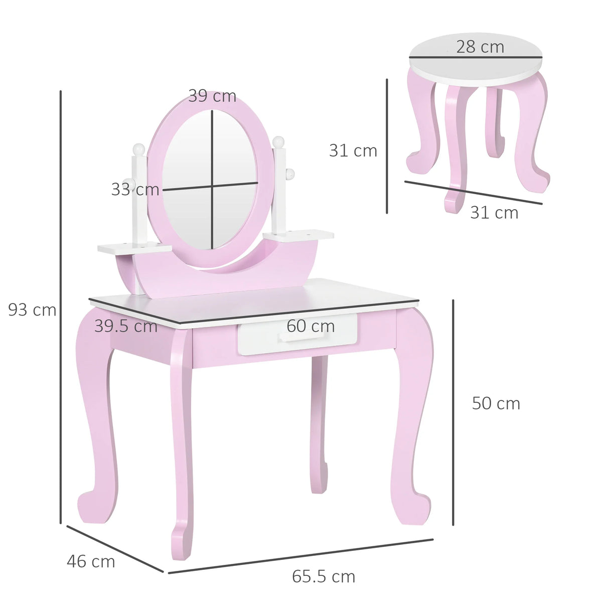Kids Dressing Table and Stool with Acrylic Mirrors Drawer Wide Tabletop MDF Rounded Edges Ages 3-6 Pink