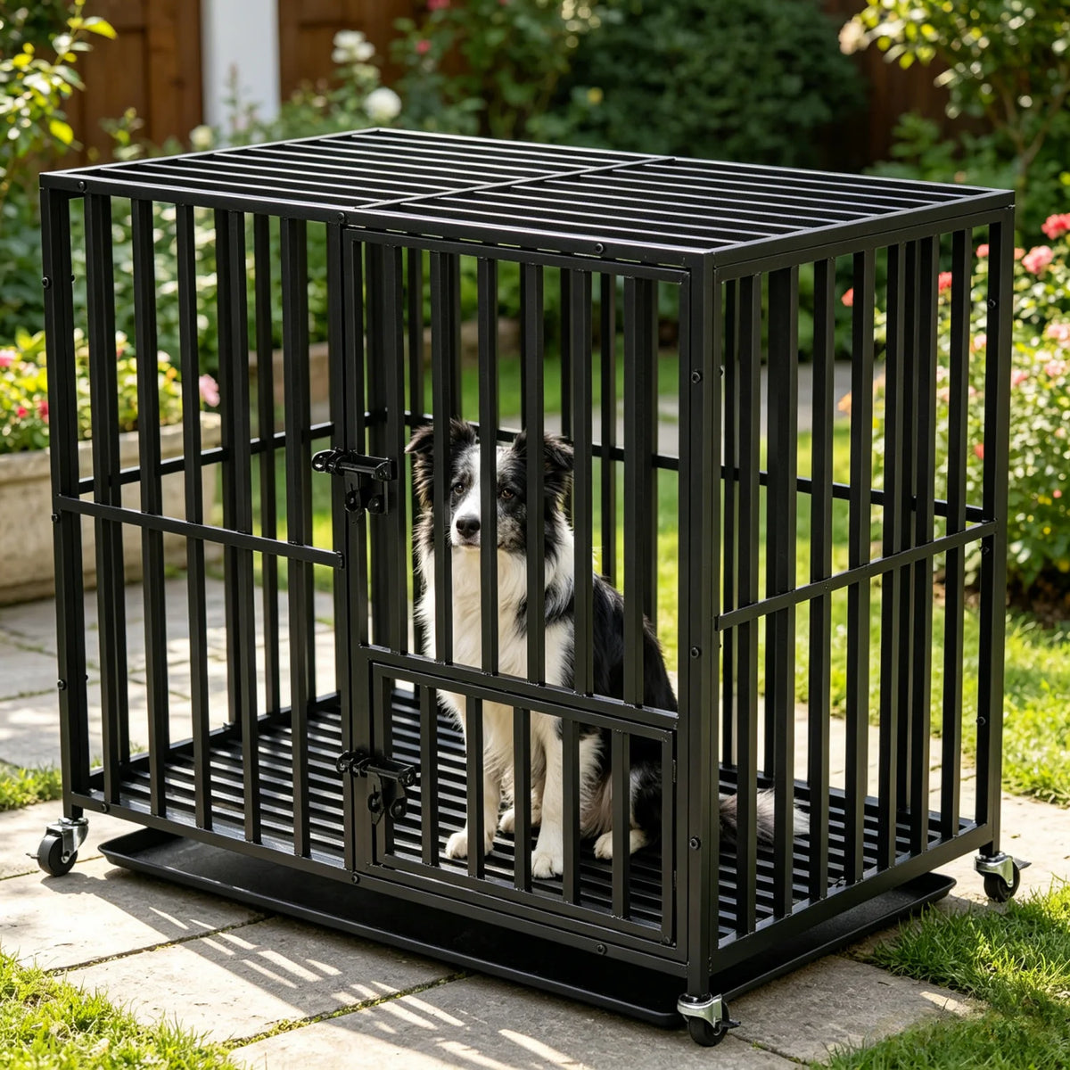 BINGOPAW Large Heavy Duty Dog Crate 95x57x81cm 4 Lockable Wheels 3 Doors Tray for Medium Large Dogs