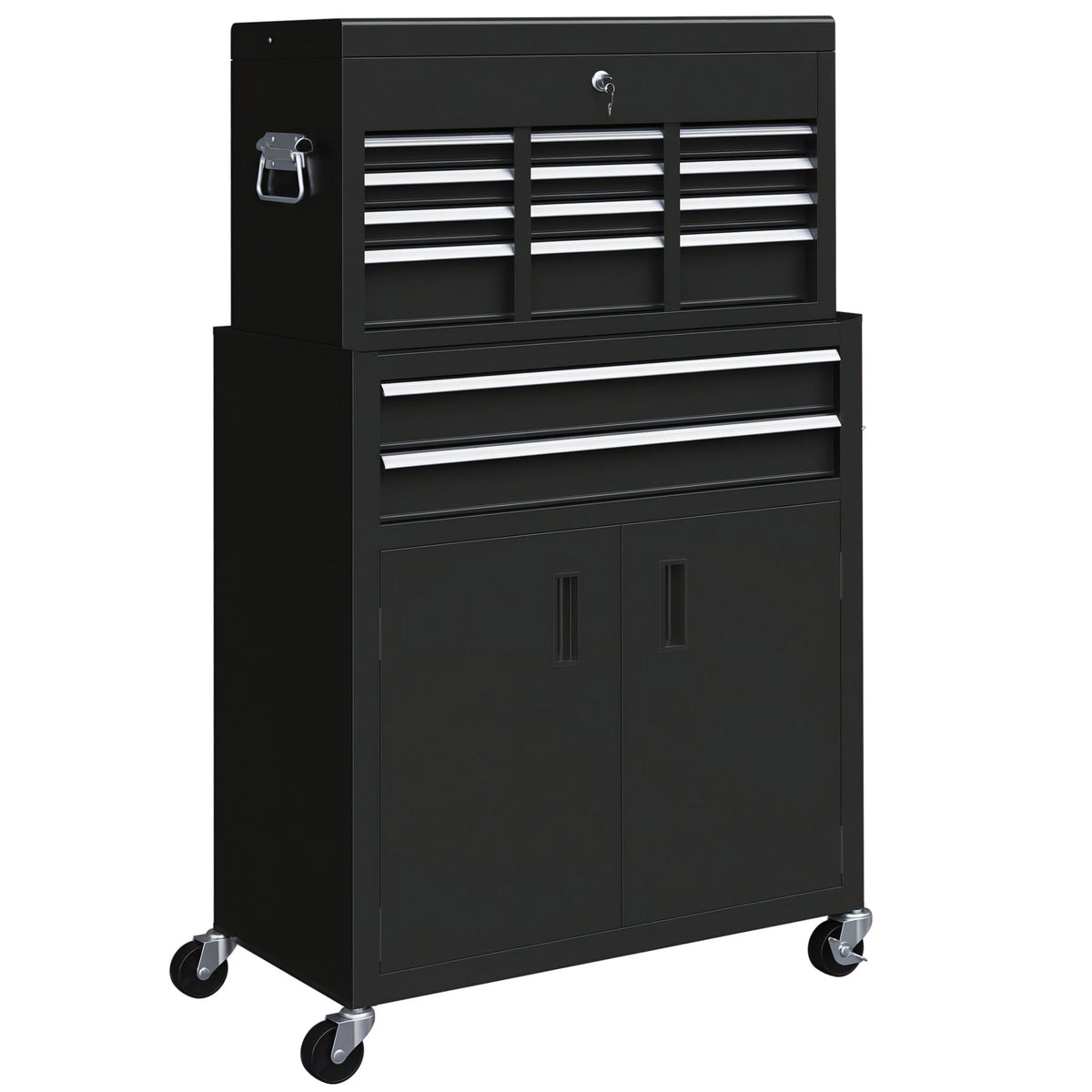 Rolling Tool Chest and Cabinet with 6 Drawers, Lockable Top Chest and Pegboard, Black
