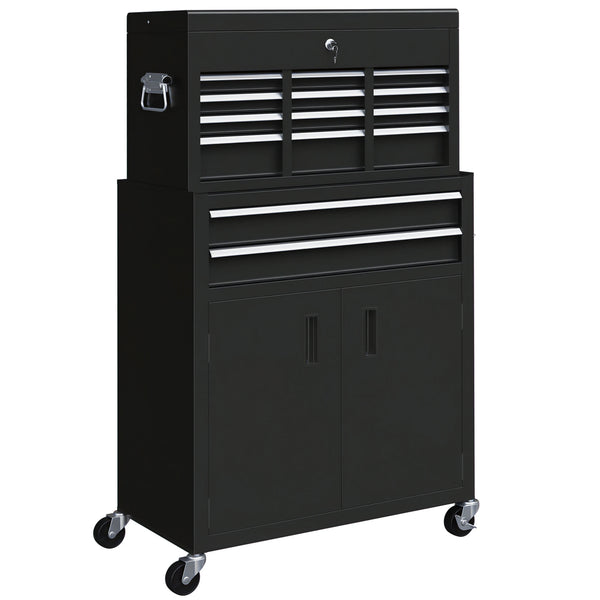 Rolling Tool Chest and Cabinet with 6 Drawers, Lockable Top Chest and Pegboard, Black