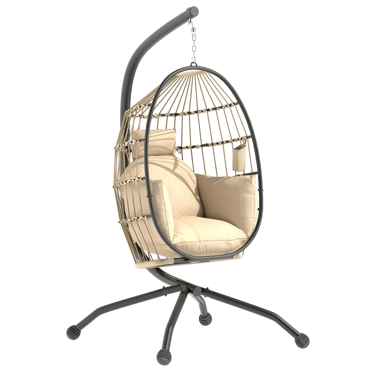 Hanging Egg Chair with Stand, Cup Holder and 20cm Cushion, Khaki