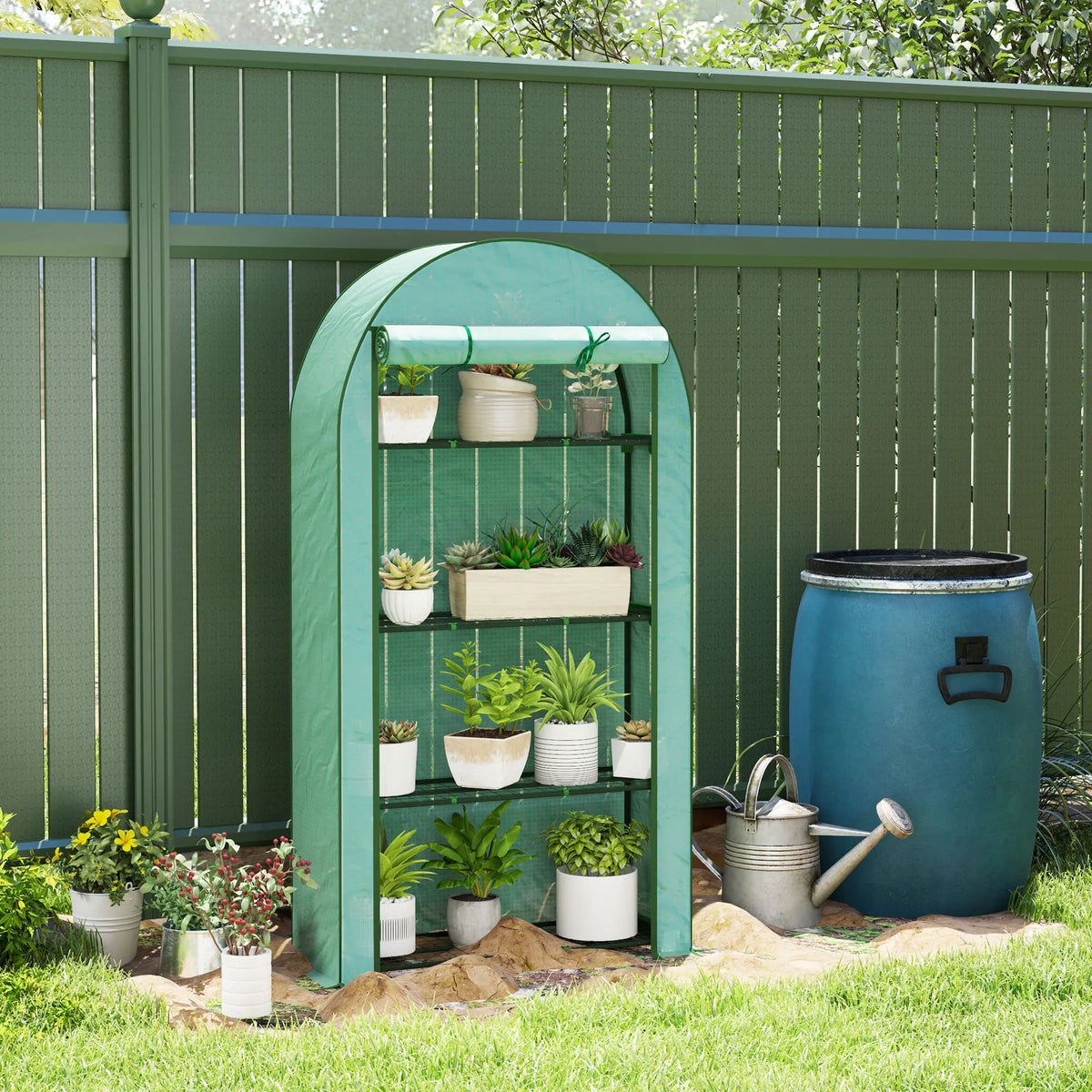 4 Tier Mini Greenhouse with Reinforced PE Cover, Roll-Up Door, Green