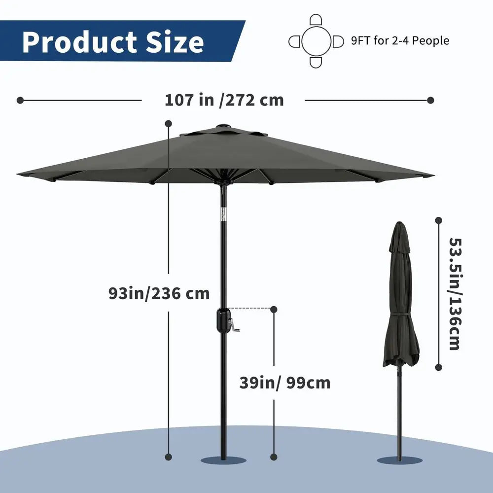 2.7m Garden Parasol with Crank, Tilt and Protective Cover, UPF 50, 8 Ribs, Grey