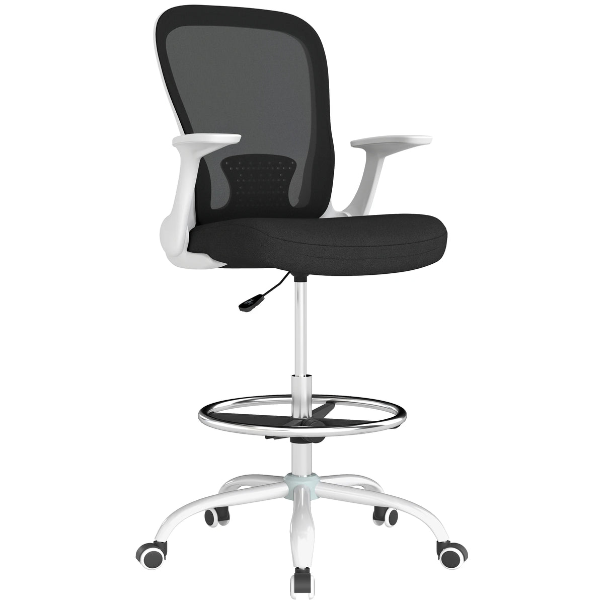 Mesh Draughtsman Chair with Flip-Up Armrests and Foot Ring, Black and White