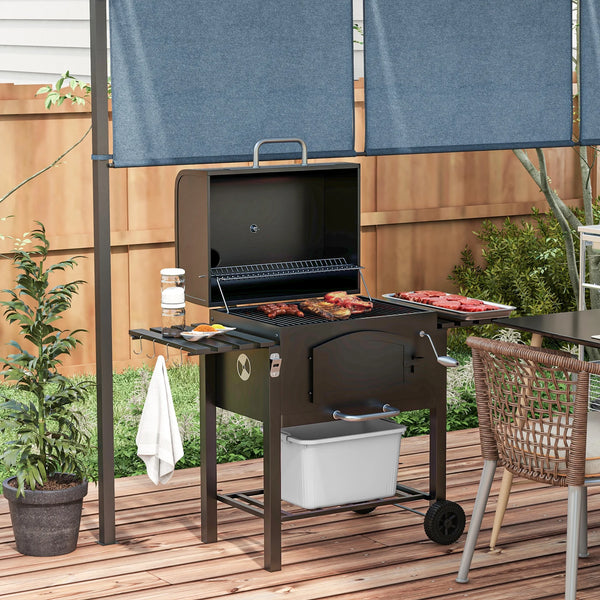 Charcoal Grill BBQ Trolley w/ Adjustable Charcoal Height & Thermometer
