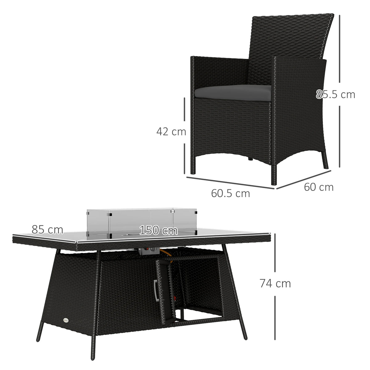 7 PCs PE Rattan Dining Set with Fire Pit Table and Cushioned Armchairs, Black