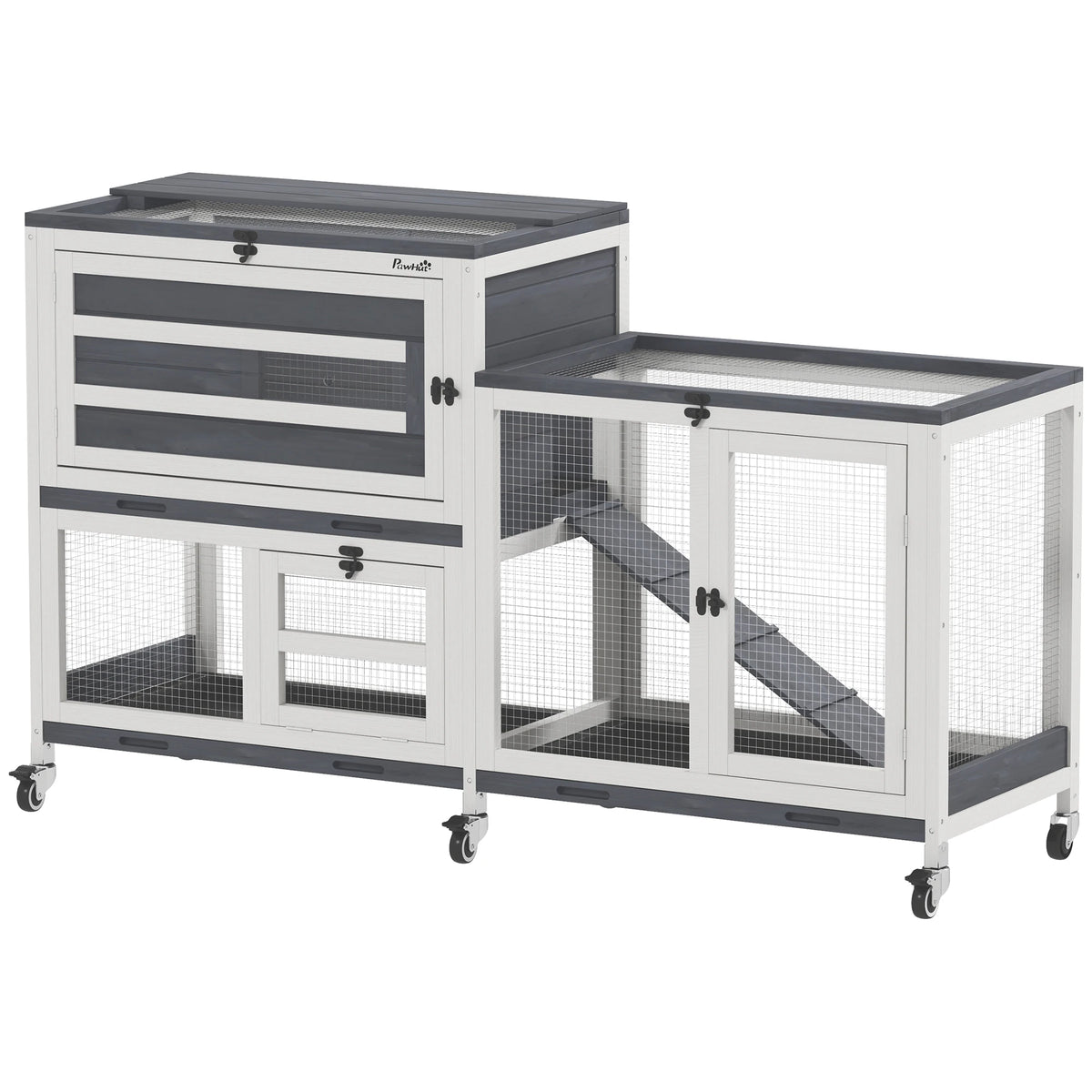 2 Tier Rabbit Hutch with Run, Wheels, 2 Openable Top, 3 Plastic Trays