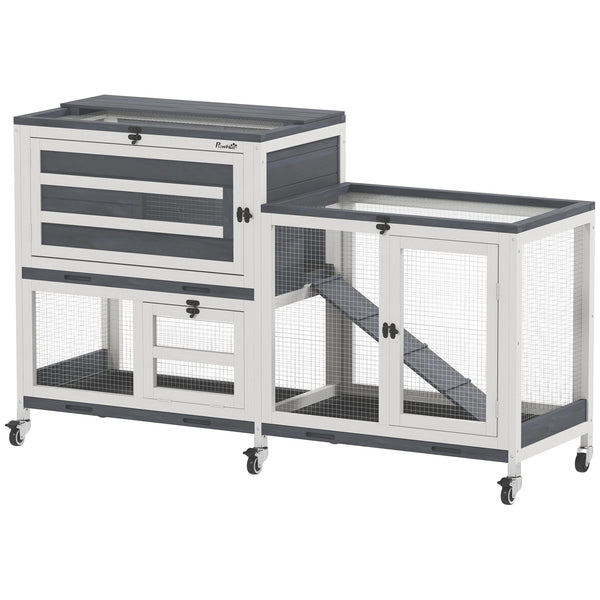 2 Tier Rabbit Hutch with Run, Wheels, 2 Openable Top, 3 Plastic Trays