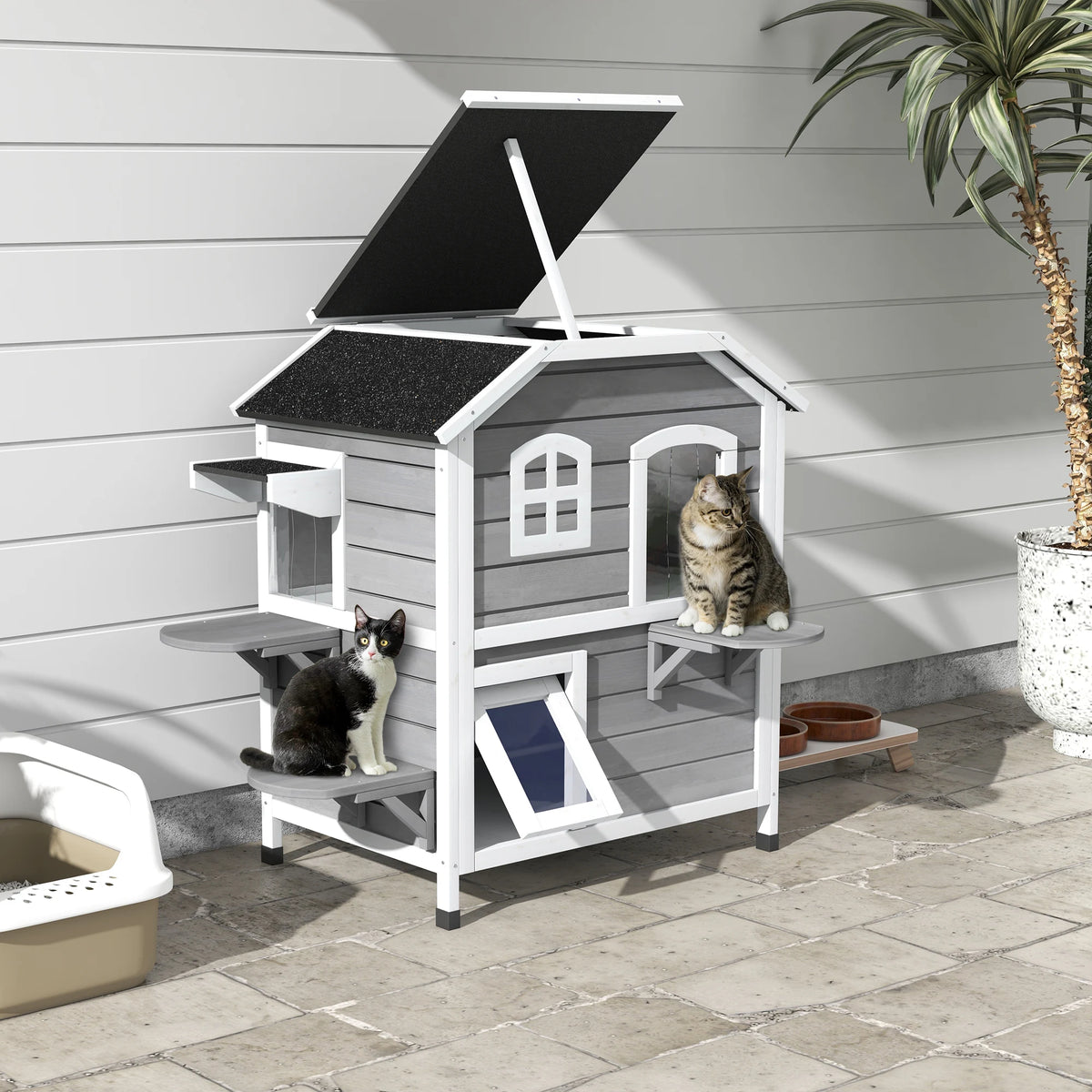 Two-Level Outdoor Wooden Cat House with Openable Roof and Multiple Entrances