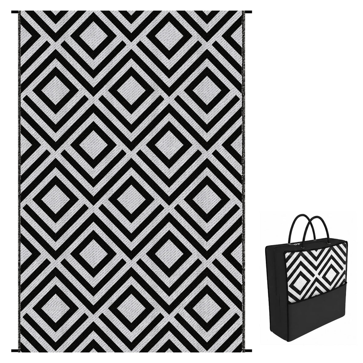 Reversible Outdoor Rug with Carry Bag, 182 x 274cm, Black and White