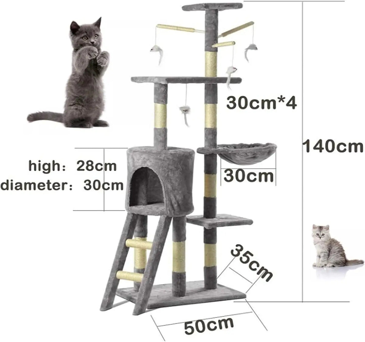 DayPlus 140cm Cat Tree Tower Scratching Post Hammock Cat House Indoor Outdoor Grey