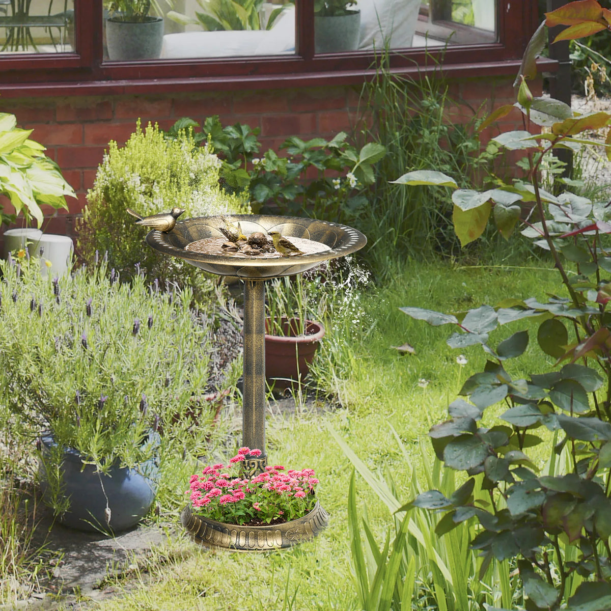 Bird Bath 72cm Tall with 2 Basins Bird Statue Flower Pattern Hand Painted Plastic Frost Resistant Bronze Tone