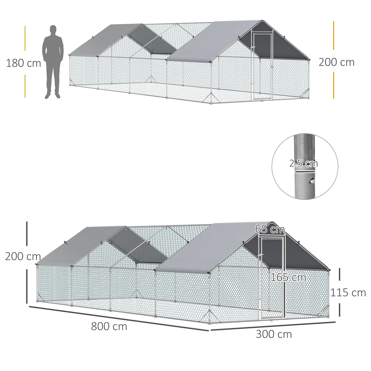 Walk-In Chicken Run Large Galvanised Chicken Coop with Cover, 3 x 8 x 2m