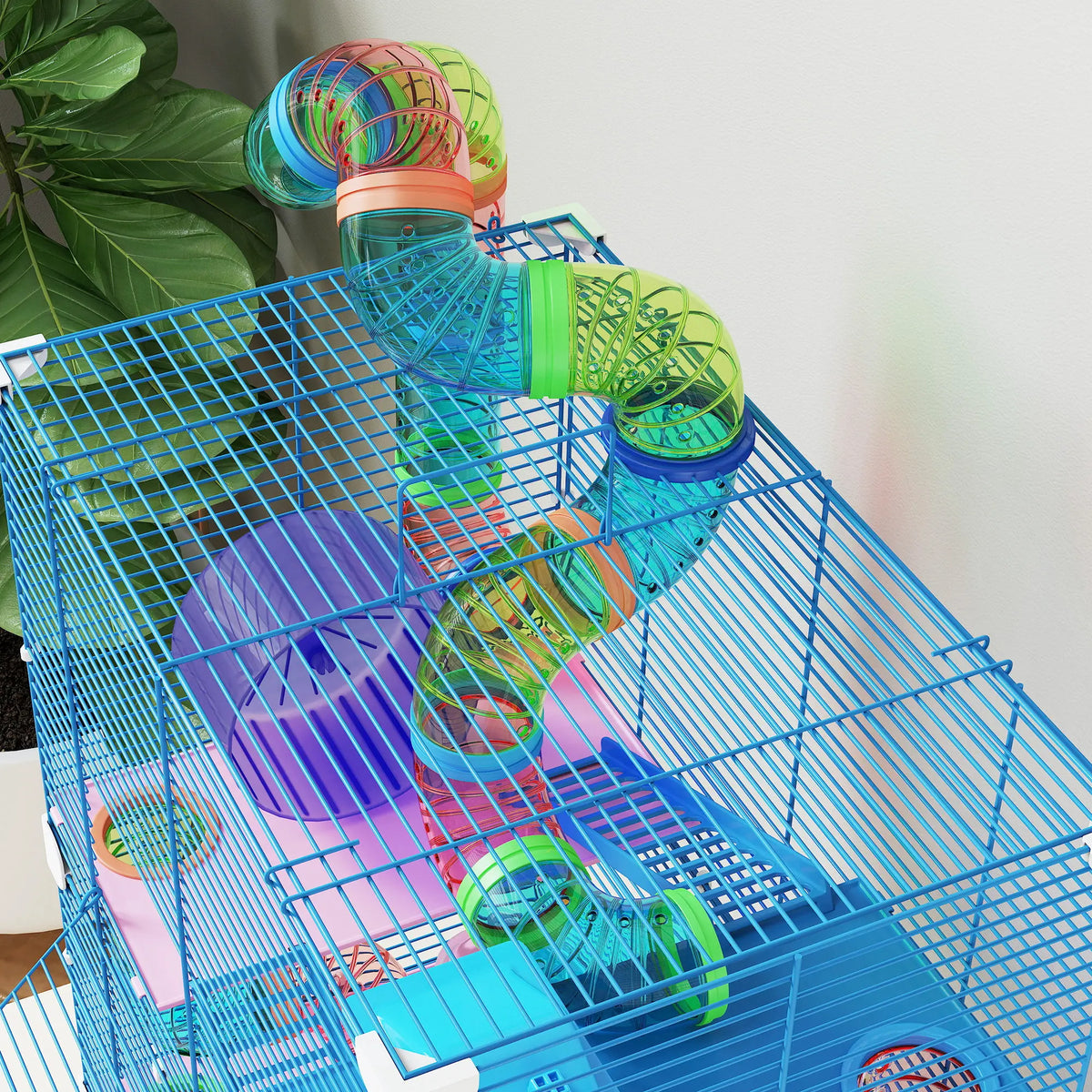 5 Tier Hamster Cage with Play Tunnel Exercise Wheel Food Dish Water Bottle and Carry Handle Blue